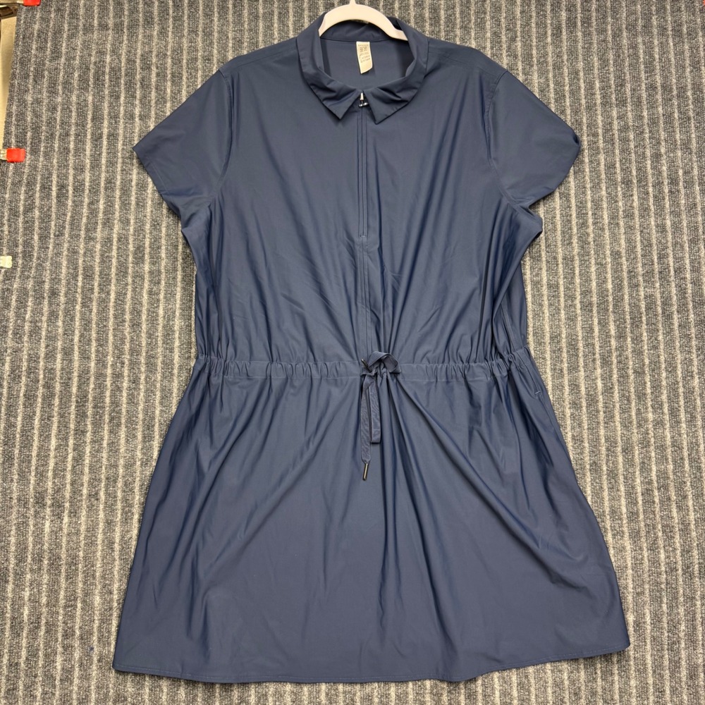 Spanx Womens AirEssentials Half Zip Dress 2X Blue Cinched Waist Short Sleeve